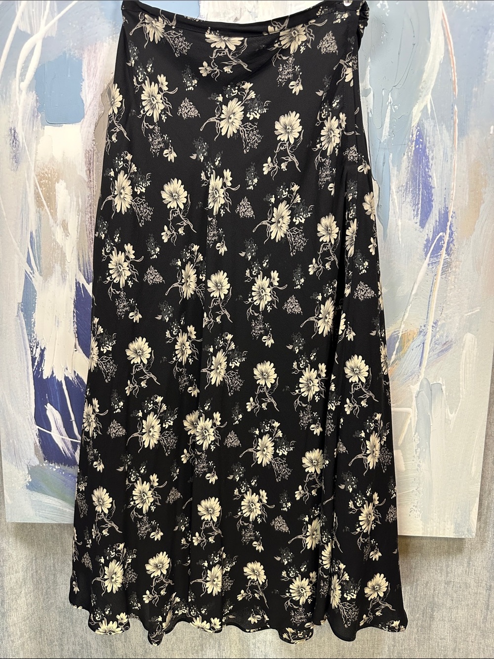 VINTAGE 100% Silk Valerie Stevens Black Floral Maxi Skirt Size 10 Medium Y2K